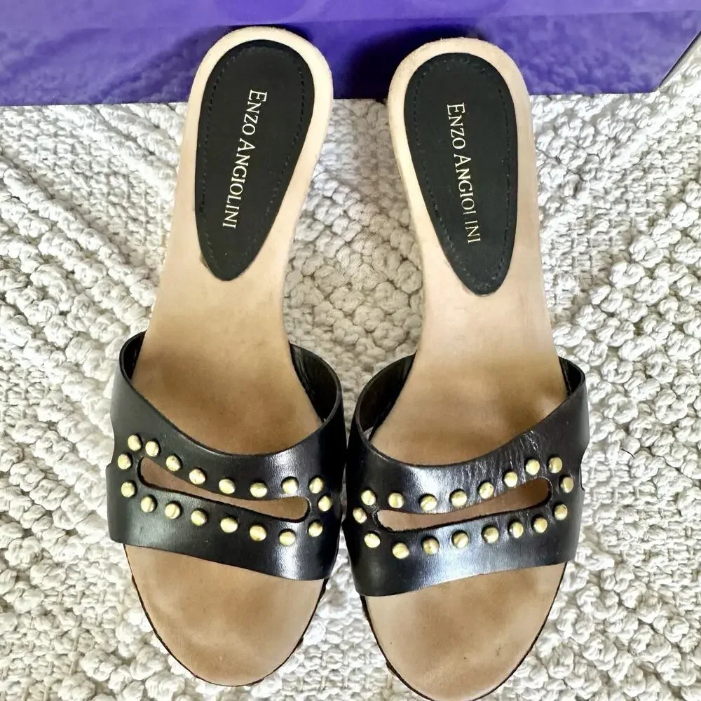 Enzo Angiolini Womens 5.5 Black Sandals Wood Heel Slide On Strap Fashion Y2k 90s
